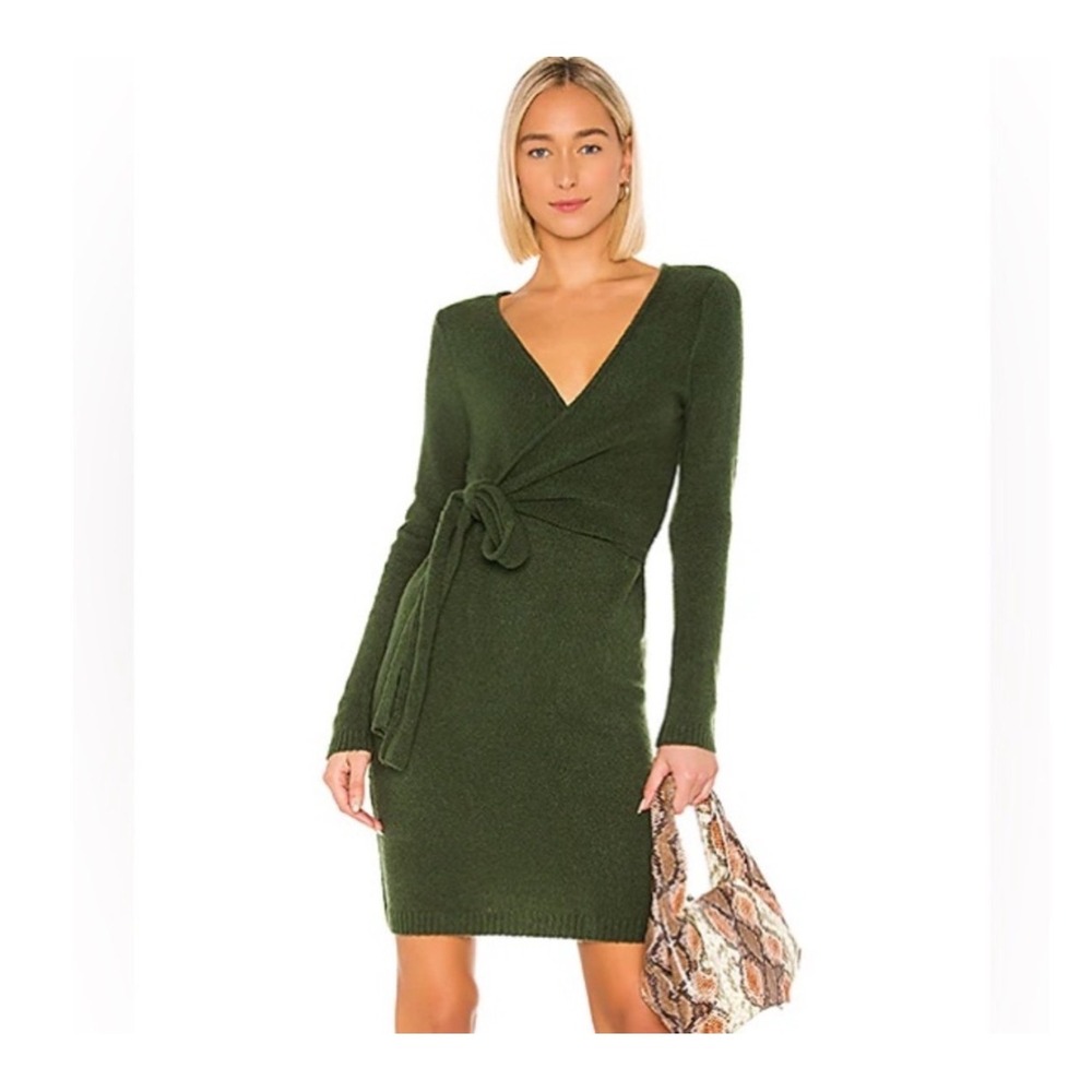 LPA Forest Green Long Sleeve V-Neck Wrap Tie Mini Sweater Dress Womens Size S